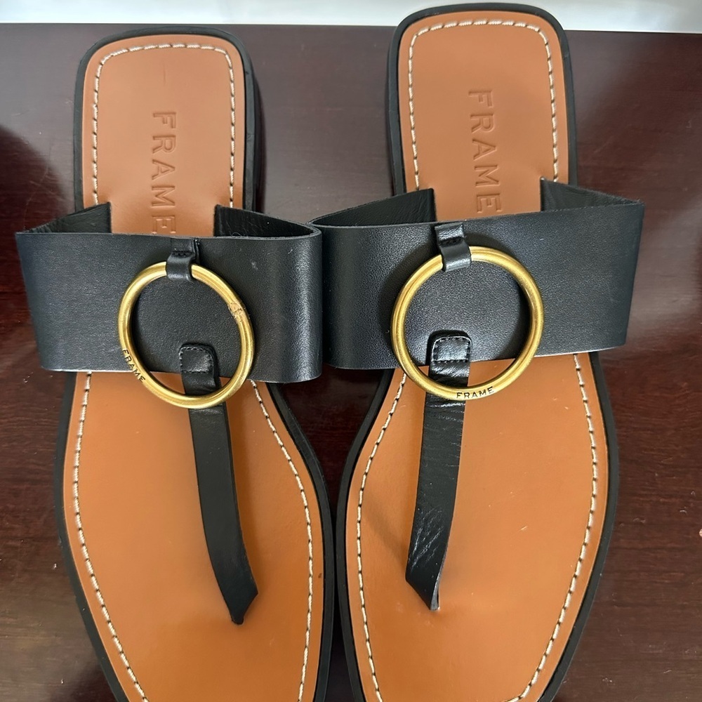 Frame Denim Black and Gold Sandals with Square Toe - Picture 5 of 5